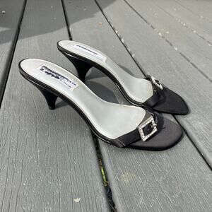 Vintage black open toe rhinestone buckle strap heels Paulina G. by Two Lips